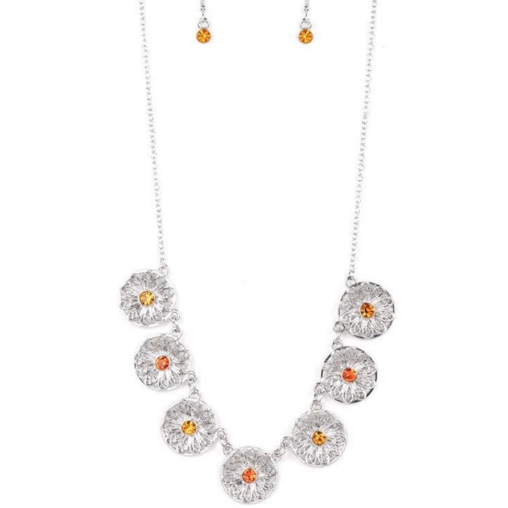 Paparazzi Silver And Orange Necklace with Medallion Design  Garden Greetings